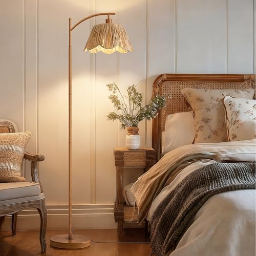Oneach Boho Floor Lamp for Living Room with Remote & Dimmable Bulb, Farmhouse Floor Lamps with 3 Color Temperatures, Rattan Floor Lamp for Bedroom, Walnut - Image 3