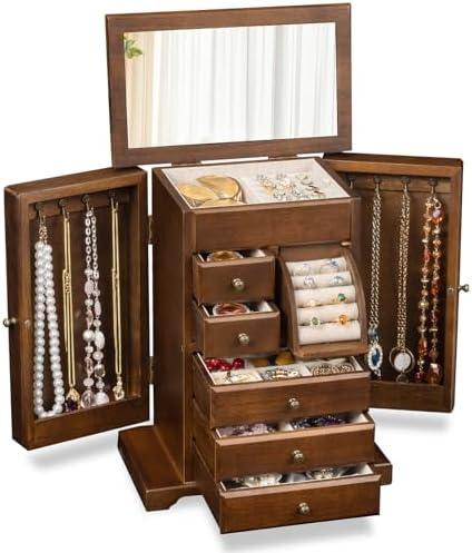 Jewelry Box for Women, Rustic Wooden Jewelry Boxes & Organizers with Mirror & Drawers,6 Layer Jewelry Organizer Box for Rings Earrings Necklaces Bracelets ((Walnut) by Yoimori
