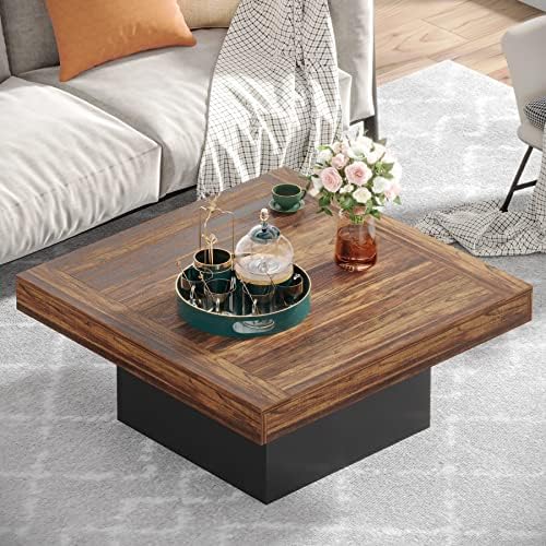 Tribesigns 35.4-Inch Square Coffee Table with LED Light, Modern Wood Coffee Table, Large Center Table for Living Room, Rustic Brown & Black - Image 4