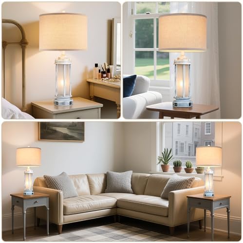 AIEAMPDO 25" Set of 2 Antique White Rustic Table Lamps 2 USB C+A Ports - Image 3