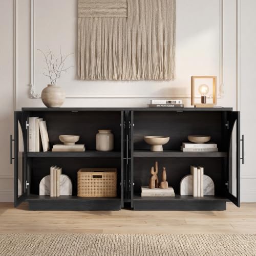 Fatmok Arched Glass Sideboard Buffet Accent Cabinet, 31.5" Display Credenza with Adjustable Shelf,4-Piece Modular Coffee Station Storage for Kitchen Living Room Bedroom, Black Grey - Image 4