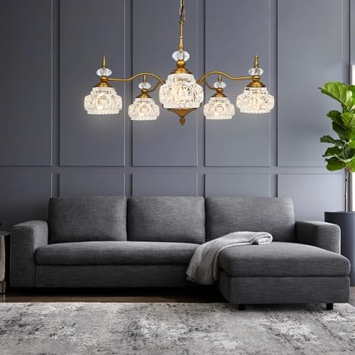 Montex Gold Brass Chandelier, 5 Light Vintage Crystal Glass Pendant Fixture - Image 6