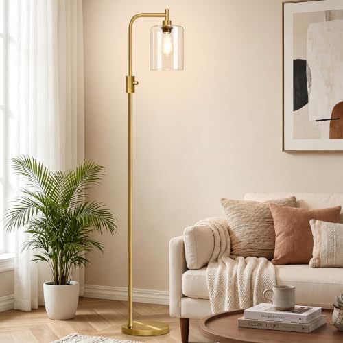 【Upgraded】 Dimmable Floor Lamp for Living Room with Clear Glass Lampshade, Brass Modern Glass Floor Lamp with 900LM LED Bulb Included, Arc Standing Tall Lamp for Bedroom, Office, Reading Room, Corner - Image 7