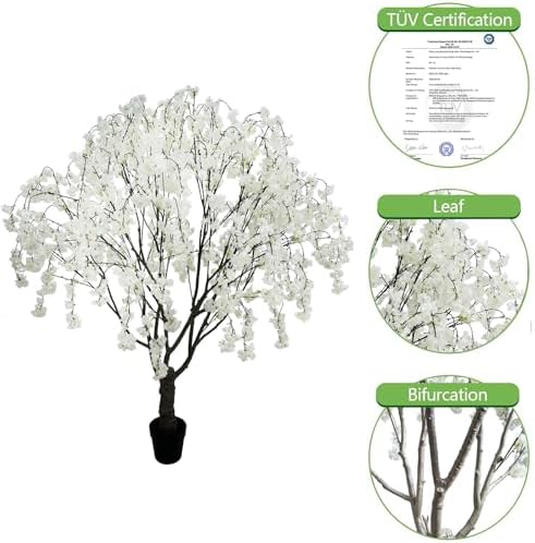Artificial White Cherry Blossom Tree, 7 Ft Tall Indoor Faux Plant with Cascading Branches, Potted Decorative Tree for Home, Office, Living Room, Patio - Image 3