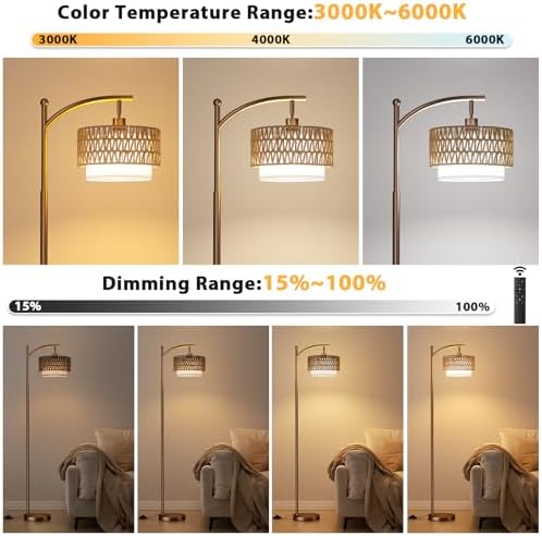 Ambimall Arc Floor Lamp with Remote & Rattan Double Shades, Brown Rustic - Image 2