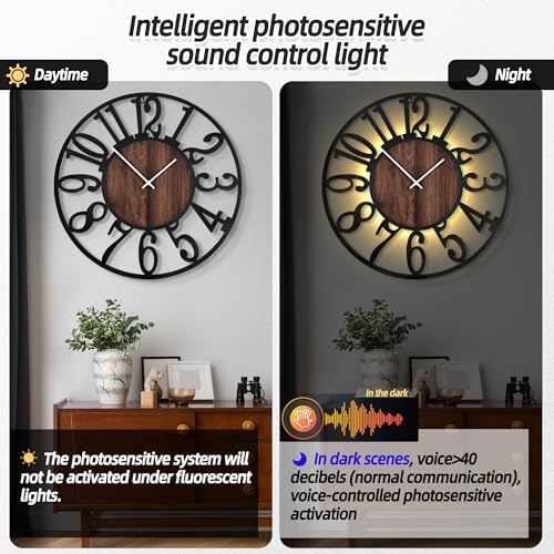 LEIKE Large Wall Clocks with Night Light Battery Operated,Silent Non Ticking,Rustic Modern Big Wood Clock for Living Room, Bedroom,Kitchen,Farmhouse,Office,Home Decor-32 Inch(Black-Arabic Number) - Image 2