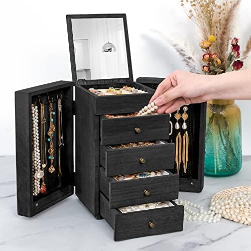 Meangood Jewelry Box Wood for Women, 5-Layer Large Organizer Box with Mirror & 4 Drawers for Rings, Earrings, Necklaces, Black - Image 6