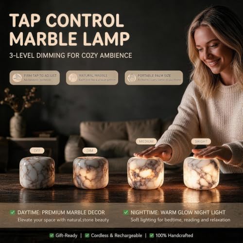 Natural Marble Touch Lamp, Rechargeable Cordless Bedside Lamp, Up to 10H Runtime, 3 Way Dimmable Night Light with USB-C Cable, IPX4 Water Resistant Warm LED Lamp for Bedroom Desk Camping Decor - Image 5