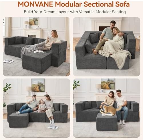 MONVANE 103'' Modular Sectional Sofa, Comfy Chenille Cloud Couch with Ottoman, Modern Convertible L Shaped Couch with Deep Seat, Sectional Couches for Living Room, Bedroom and Apartment, Grey - Image 3