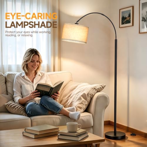 Arc Floor Lamps for Living Room, Black Standing Lamp with Linen Shade - Image 4