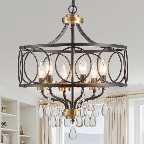 Crystal Chandeliers for Dining Room,17.7" Black and Gold 6 Lights Hanging Pendant Lighting Fixture Metal Farmhouse Chandelier for Kitchen Island Entryway Living Room by Majhoiw