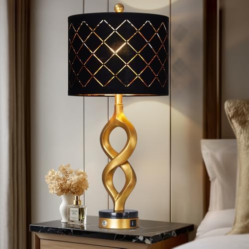 Cinyirong 30" Black and Gold Table Lamps Set of 2 for Bedroom, Modern Touch Control Bedside Lamps for Living Room, 3-Way Dimmable Sculptural Resin Nightstand Lamps with USB A+C Ports and 2 LED Bulbs - Image 3
