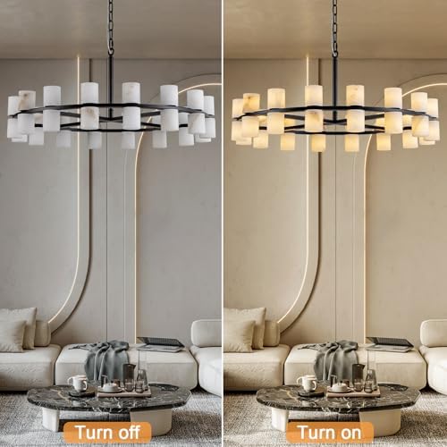 Alabaster Round Chandelier, Natural Spanish Stone Texture Chandeliers, D31in Round Chandeliers for Dining Room Chandelier Light Fixture for Kitchen Living Room Foyer Entryway Hallway (Black) - Image 2
