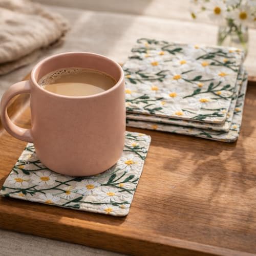 Handmade Daisy Embroidered Coasters Set of 4, 4.3" Cotton Linen Drink Coasters for Wooden Table, Rustic Cottagecore Floral Cup Mats, Decorative Small Vase Mat, Aesthetic Desk Decor & Jewelry Pad - Image 3