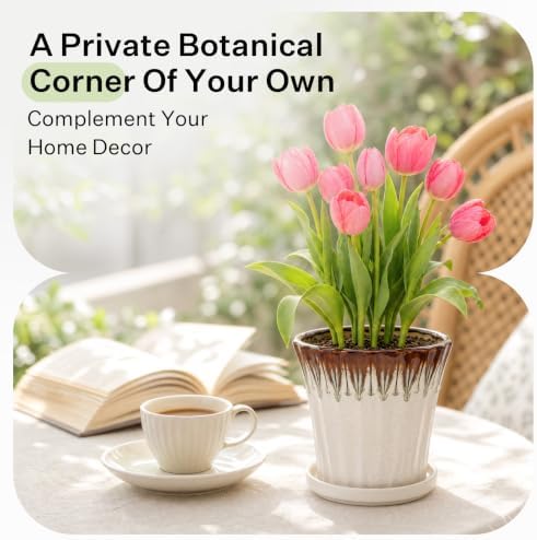 8.3 Inch Ceramic Planters with Drainage Hole and Saucer,Indoor Outdoor Large Flower Pots, Garden Pot for Plant Lovers (Drip White) - Image 2
