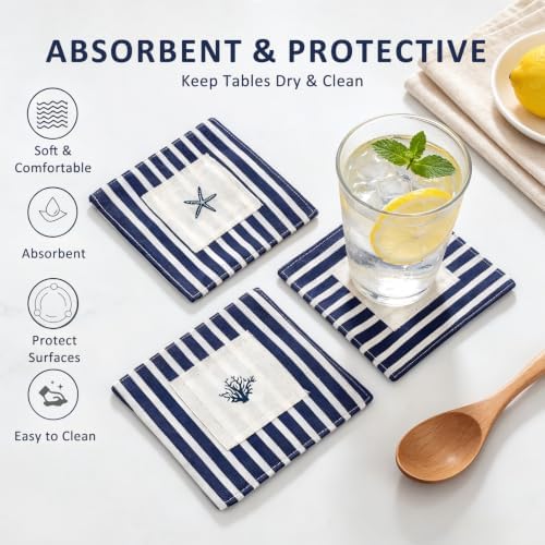 Coastal Cloth Coasters for Drinks, White Base Small Shell, 4PCS - Image 3