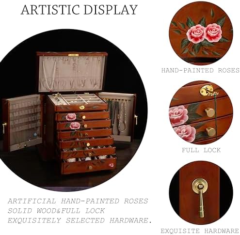 Hand-Painted Solid Wood Jewelry Box for Women, Large Vintage Organizer - Image 6
