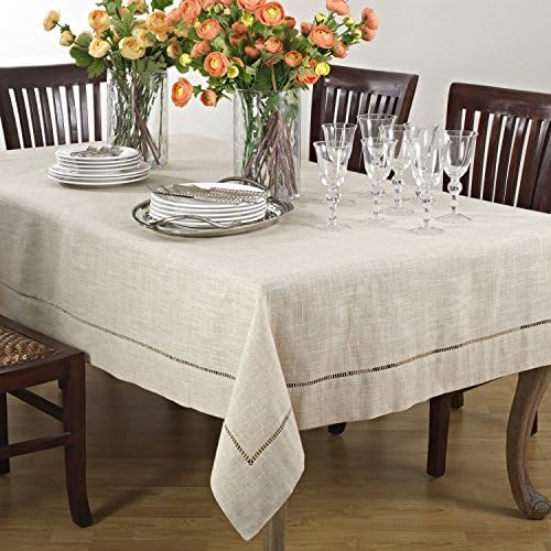 Fennco Styles Toscana Contemporary Hemstitched Linen Blend 65 x 140 Inch Table Cloth for Dinner Table, Parties, Wedding Decorations, Natural - Image 3