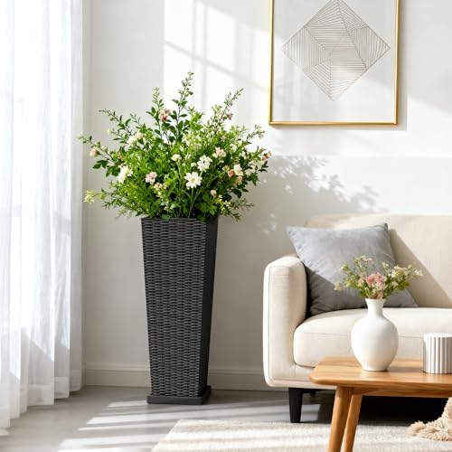 Greesum Set of 2 Tall Plastic Planters with Saucer, 32 Inch, Black - Image 4