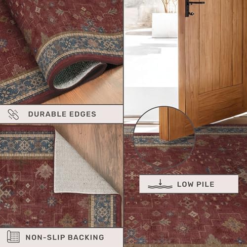 Washable 3x8 Entry Way Rugs Indoor - Burgundy Large Kitchen Rug, Non Slip Unique Bohemian Red Low Pile Thin Carpet for Bedroom Bedside, Foyer - Image 4