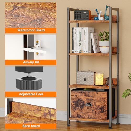 Furologee 4 Tier Bookshelf with Drawer, Tall Bookcase with Shelves, Narrow Bookshelves Storage Organizer, Wood and Metal Display Standing Shelf Unit for Bedroom, Living Room, Rustic Brown - Image 4