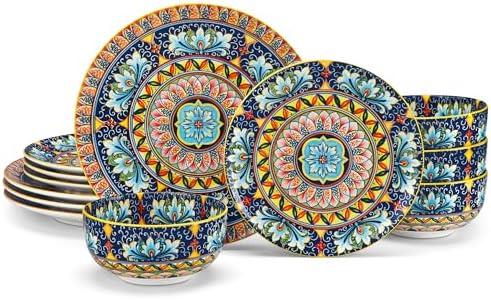 vancasso 12 Pieces Dinnerware Sets, Yellow Plates and Bowls Set, Porcelain Dishes Set for 4, Microwave and Dishwasher Safe, Scratch Resistant, Bohemian Style Dining Ware Service for 4, Series SIMI by vancasso