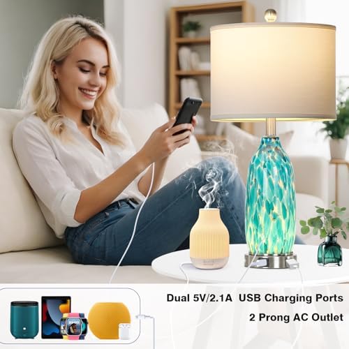 Rinweey 26" Peacock Green Glass Table Lamps Set of 2,Coastal Nautical Bedside Lamps with USB Ports & AC Outlet,Lamparas Elegantes para Cuarto with Night Light for Bedroom Living Room Decoration - Image 2