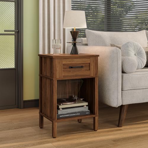 Farmhouse Nightstand with Drawer, Small Wood Bedside Table, Rustic Side Table, Modern End Table with Drawer, Retro Wooden Red Brown Night Stand for Bedroom by Unknown