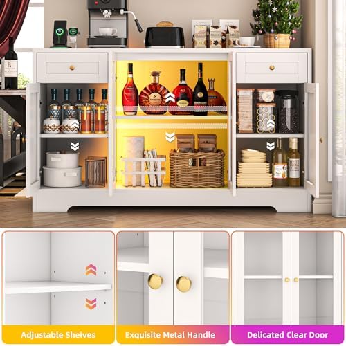 knoworld LED Coffee Bar Cabinet with Storage, 55'' Large Sideboard Buffet Cabinet, Wood Coffee Bar Buffet Table with 4 Doors and Charging Station, Modern LED Lights Sideboard for Kitchen, Dining Room - Image 4
