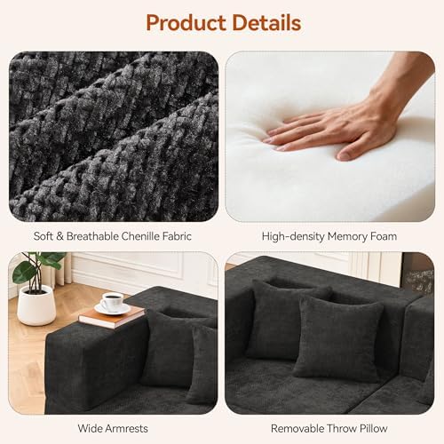 MONVANE 130'' Modular Sectional Cloud Couch for Living Room, 6 Seater Convertible Chenille Couches Set with Ottoman & Pillow, No Assembly Compression Sofas, Comfy Floor Sofa with Memory Foam, Black - Image 5