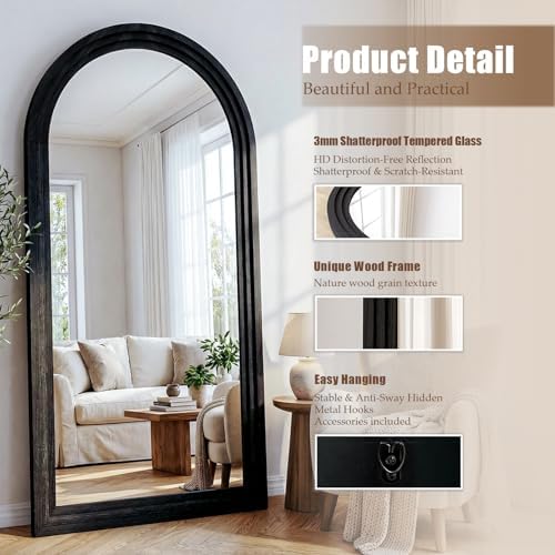 30"x71" Full Length Mirror Solid Wood Frame, Arched Floor Mirror Full Length with Stand, Room Decor Big Full Body Mirror with HD Tempered Glass for Bedroom, Living Room, Black - Image 3