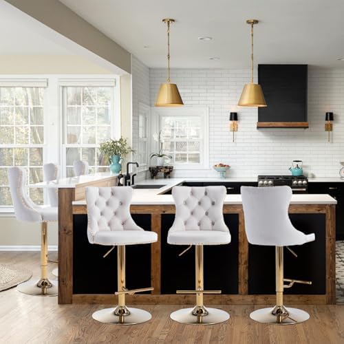 SoarFlash Velvet Bar Stool Set of 6, Adjustable Swivel Bar Stools with Gold Plated Metal Leg, Button Tufted, Footrest, Chrome Nailhead, Counter Height Chair for Kitchen, Bar, Dining Room (Beige) - Image 3