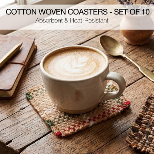 Set of 10 Fabric Drink Coasters, Handcrafted Cotton Woven Coasters for Table, Coastal Farmhouse Table Decor for Coffee Tea Cocktails, Absorbent Soft Desk Coasters for Kitchen Office, Housewarming Gift - Image 4