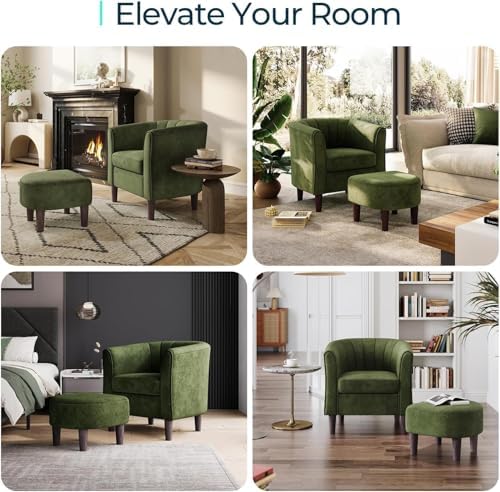 LINSY Accent Chair with Ottoman, Modern Barrel Chair Small Armchair Reading Chair with Footrest, Comfy Round Arms Chair for Living Room Bedroom Reading Room, Velvet, Dark Green - Image 6
