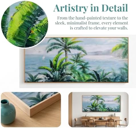 Anolyfi Palm Tree Picture Green Tropical Wall Art for Living Room Landscape Large Canvas Painting Nature Seascape Textured Artwork Framed Bedroom Kitchen Hallway Office Home Decor Framed 71"x32" - Image 4