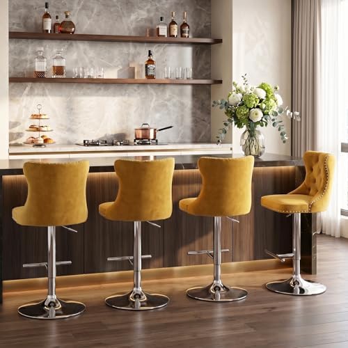 SoarFlash Velvet Bar Stool Set of 4, Adjustable Swivel Bar Stools with Silver Plated Metal Leg, Button Tufted, Footrest, Chrome Nailhead, Counter Height Chair for Kitchen, Bar, Dining Room (Gold) - Image 4