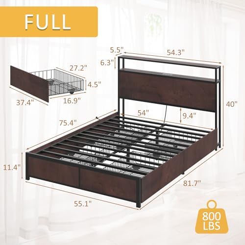 Lifezone Full Bed Frame with 2-Tier Storage Headboard, Metal Platform Bed Frame with 4 Storage Drawers, Built in Charging Station & LED, Noise-Free/Metal Support/No Box Spring Needed, Coffee Brown - Image 2