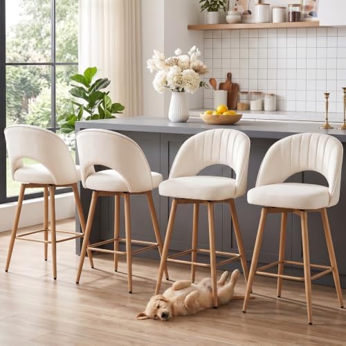 Swivel Bar Stools Set of 4, Counter Height Barstools for Kitchen Island, 26" Seat Height Bar Chairs for Dining Room, Velvet Upholstered Bar Stool with Back and Footrest, White by KRAMZMINGQualityHome