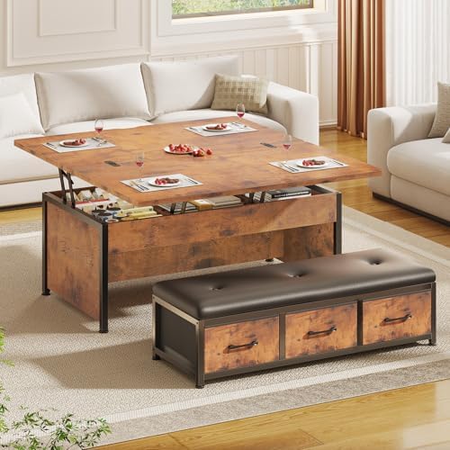 Itaar Lift Top Coffee Table Set, 43'' Multi-Function Coffee Table with Storage Drawers and Hidden Compartment, Center Table with Ottoman Bench for Living Room, Rustic Brown by Itaar
