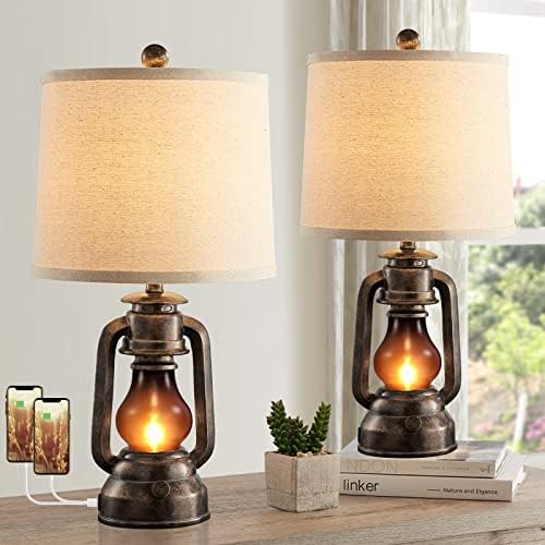 Farmhouse Lantern Table Lamps for Living Room Set of 2 with USB C+A by RORIANO