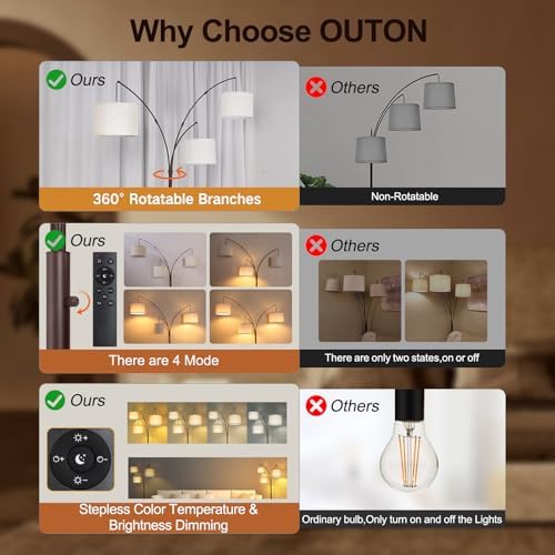 OUTON Floor Lamp with Remote Control, Modern Bright Lamps for Living Room, Adjustable 3-Light Tall Arched Lamp for Bedroom, Office, 2400lm Mid Century Design with Hanging Shade - Image 3