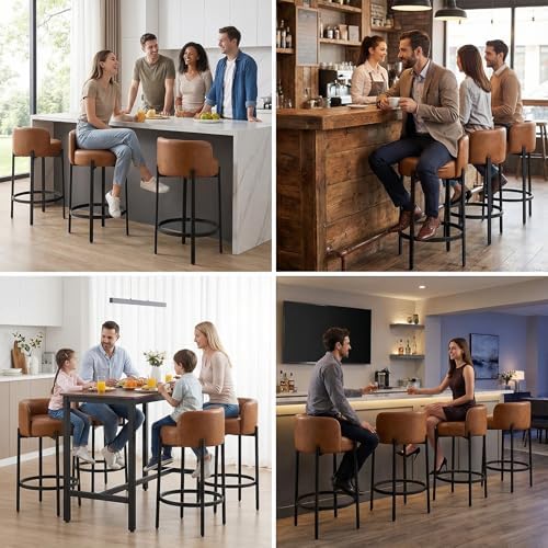 LukeAlon Modern PU Leather Counter Height Stools Set of 2, Upholstered 26" Seat Height Barstools with Black Metal Legs Round Low Back Kitchen Stools with Footrest for Dining Room Small Places, Brown - Image 7