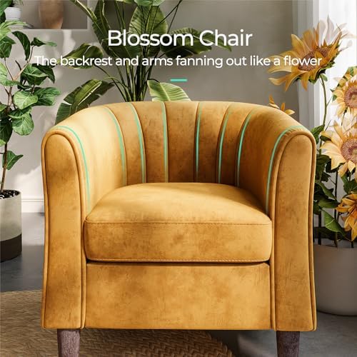 LINSY Accent Chair with Ottoman, Modern Armchair Comfy Barrel Reading Chair with Footrest for Living Room Bedroom Reading Room, Velvet, Yellow - Image 4