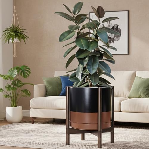 D'vine Dev Ceramic Pot with Walnut Wood Stand, Black/Tan, 14 in, 55-B-T-7 - Image 2