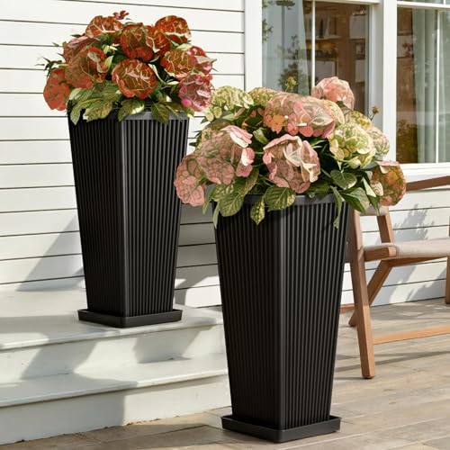 Square Tall Planters for Outdoor Plants with Tray - 24" Black 2Pack by Outdoorchairs