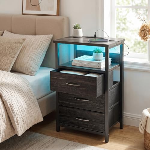 Fixwal Night Stand with 3 Fabric Drawers, Nightstand with Charging Station - Image 2