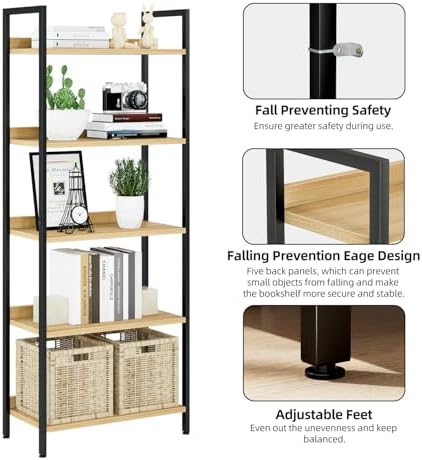 NUMENN Bookshelf, 5 Tier Bookshelves, Home Office Bookcase Shelf Storage Organizer, Free Standing Storage Shelving Unit for Bedroom, Living Room and Home Office, Natural - Image 6