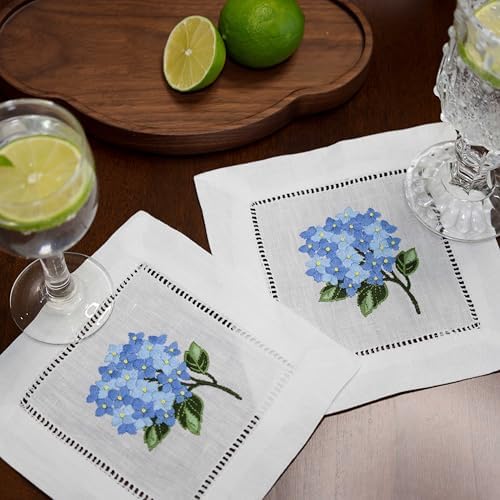 Linen Cocktail Napkins White Set of 6 Hand Embroidered Hydrangea 6"x6" Reusable Mini Cloth Hemstitched Coasters for Birthday Wedding Garden Party Present Blue - Image 2