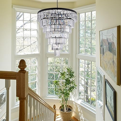 TOCHIC Large Crystal Chandelier for High Ceiling, 40 inch 7-Tier Modern Black Crystal Chandeliers Lighting Fixture, Round Light for Entryway Staircase Foyer Living Dining Room (Black, 40 Inches) - Image 2