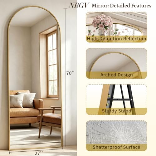 70"x27" Floor Mirror Full Length, Arched Full Length Mirror with Stand, Large Full Body Mirrors for Bedroom Living Room or Cloakroom Gold - Image 6